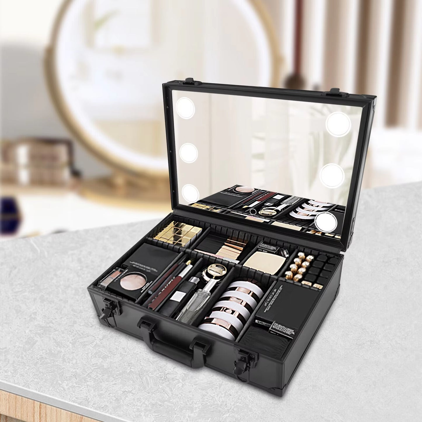 Makeup Bag with LED Mirror Portable Travel Cosmetic Organizer Train Make-Up Case